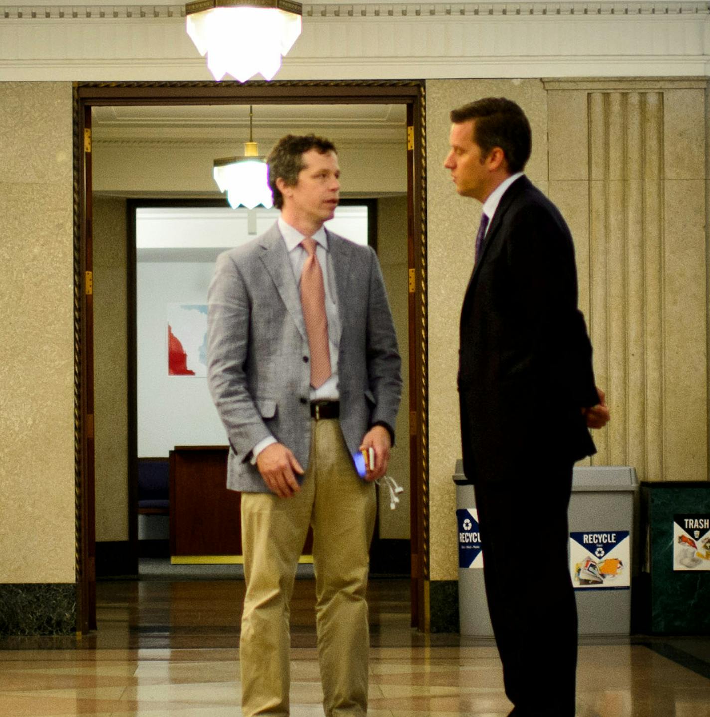 House Speaker Kurt Daudt and Republican caucus executive director Ben Golnik left a GOP caucus meeting early and head back to their offices before resuming the House floor session on the last official day of the session. ] GLEN STUBBE * gstubbe@startribune.com Monday, May 18, 2015 ORG XMIT: MIN1505181329320371