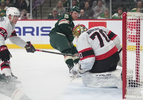 Wild center Mason Shaw scores his first goal of the season Tuesday night against the Senators at Xcel Energy Center.