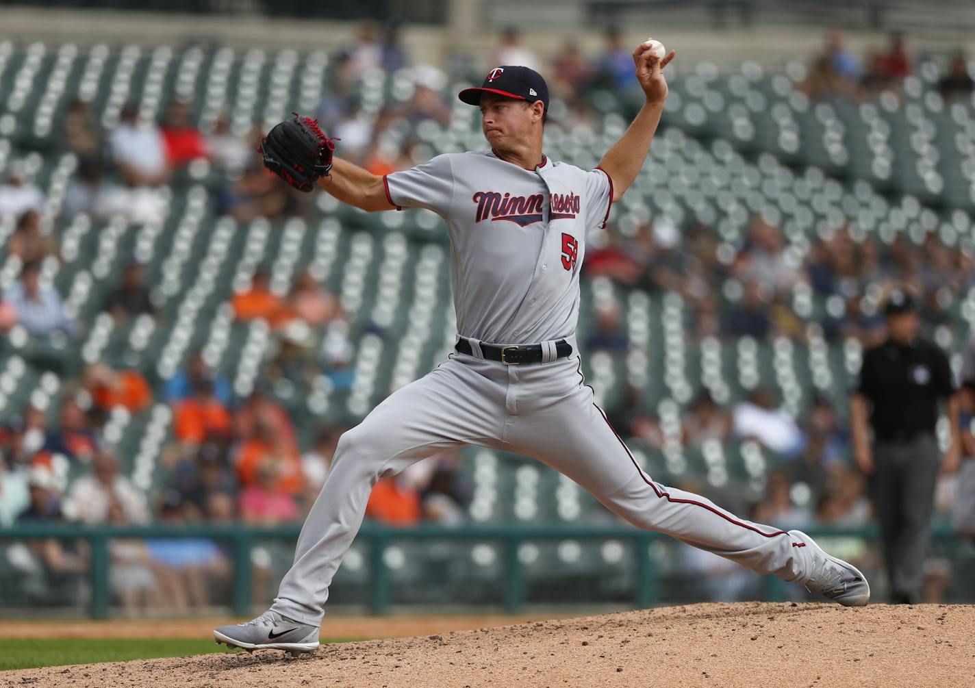 Minnesota Twins pitcher Stephen Gonsalves throws in the fourth inning of a baseball game against the Detroit Tigers in Detroit, Wednesday, Sept. 19, 2018. (AP Photo/Paul Sancya)