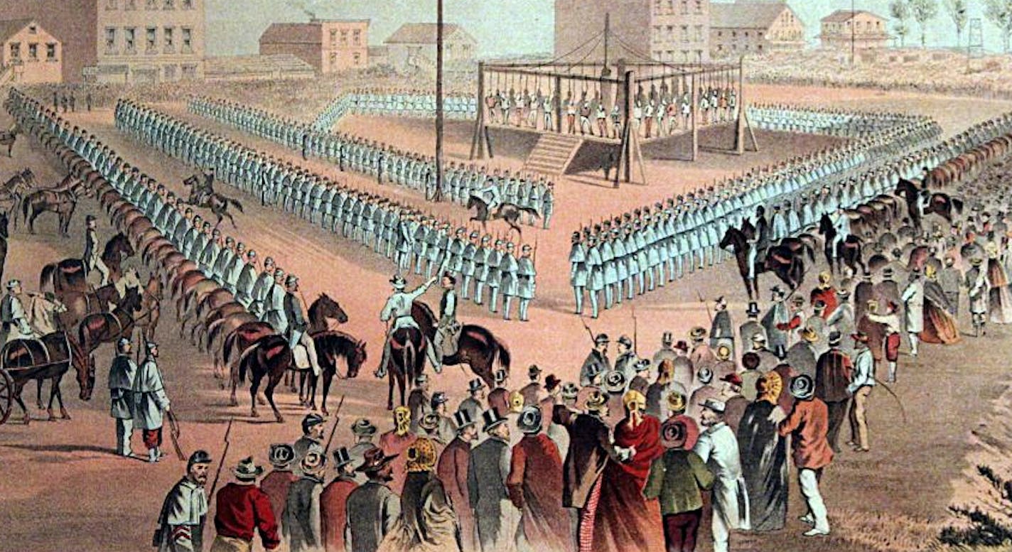 An artist's rendering of the execution of 38 Dakota people on Dec. 26, 1862, in Mankato, on display at the Brown County Historical Society in New Ulm.