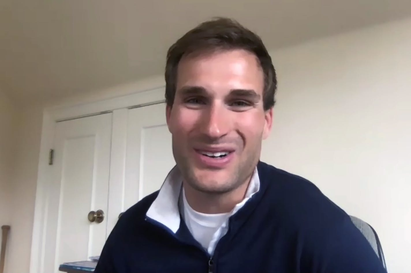 Minnesota Vikings NFL football quarterback Kirk Cousins speaks about his contract extension on a video conference call Tuesday, April 14, 2020. (AP Photo/Dave Campbell)