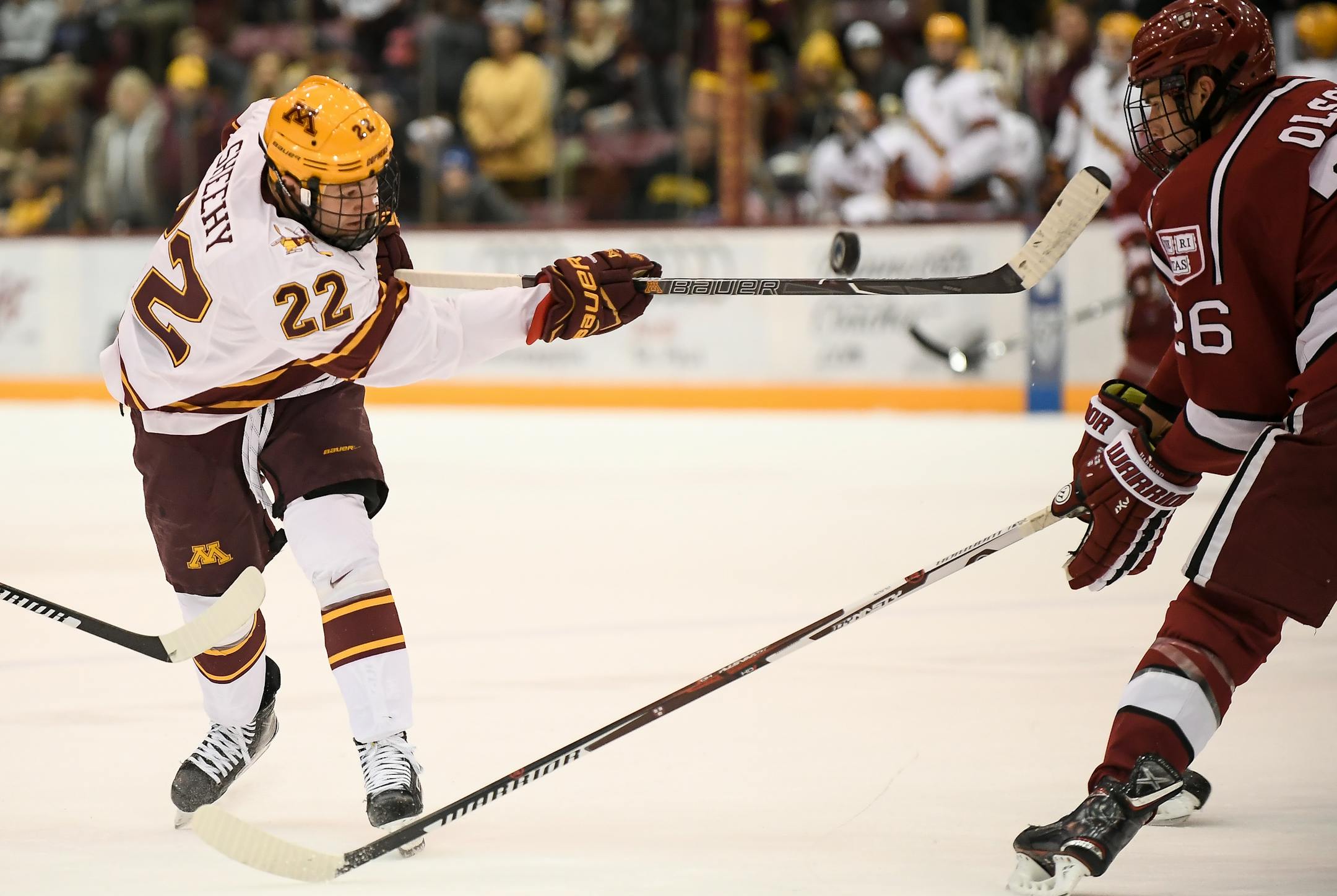 Gophers forward Tyler Sheehy attempted a shot against Harvard earlier this season.