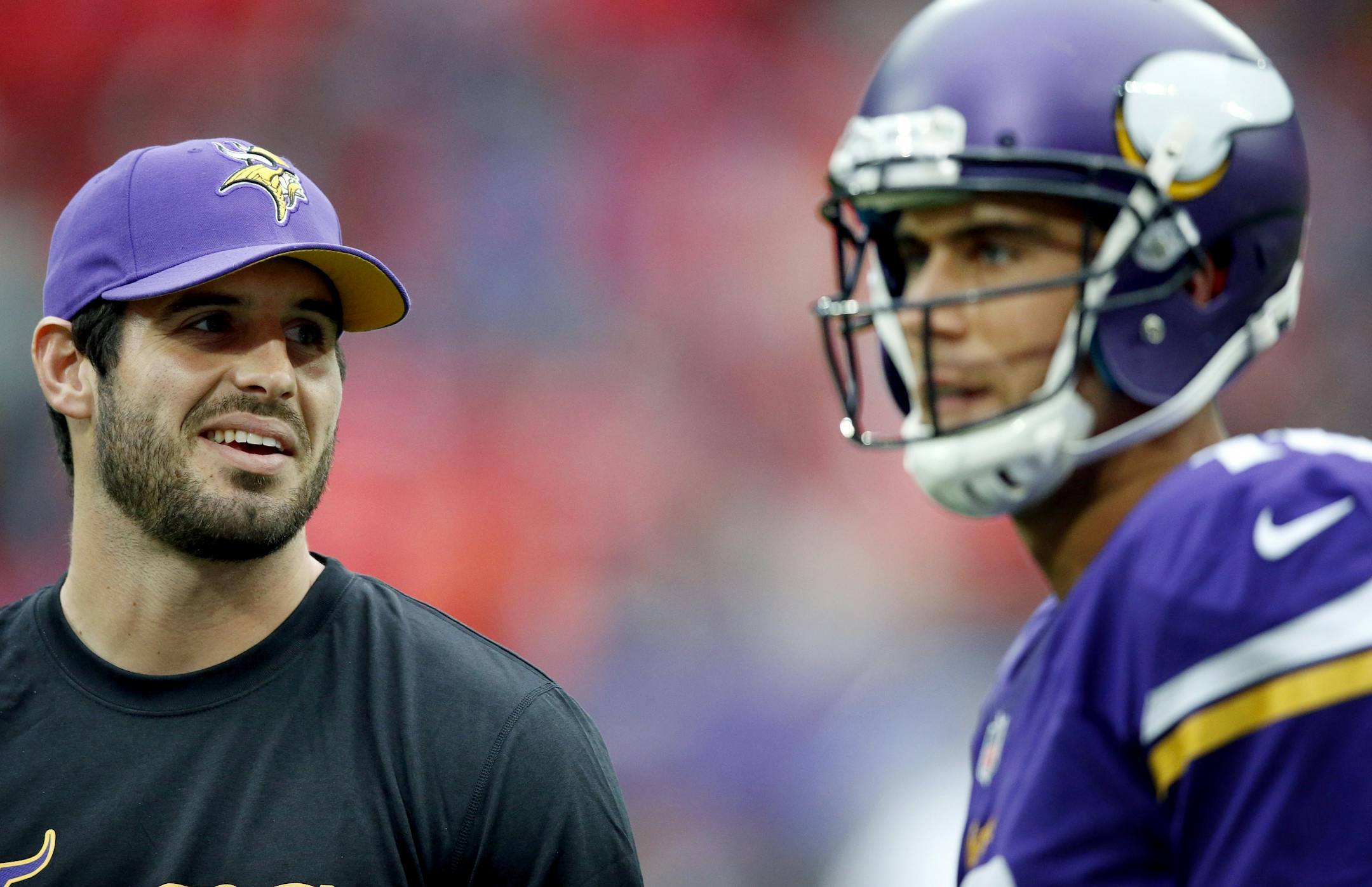 Minnesota Vikings quarterbacks Christian Ponder and Matt Cassel before Sunday's game at Wembley Stadium in London.
