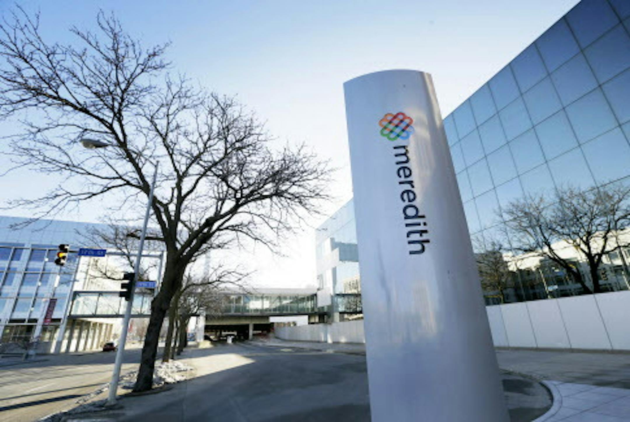 FILE - This March 11, 2015 file photo shows the Meredith Corp. headquarters building in Des Moines, Iowa. Media General is buying Meredith Corp. in an approximately $2.4 billion cash-and-stock deal. The combined company, called Meredith Media General, will have 88 television stations in 54 markets and media brands including Better Homes and Gardens, Parents and Shape.(AP Photo/Charlie Neibergall, File)