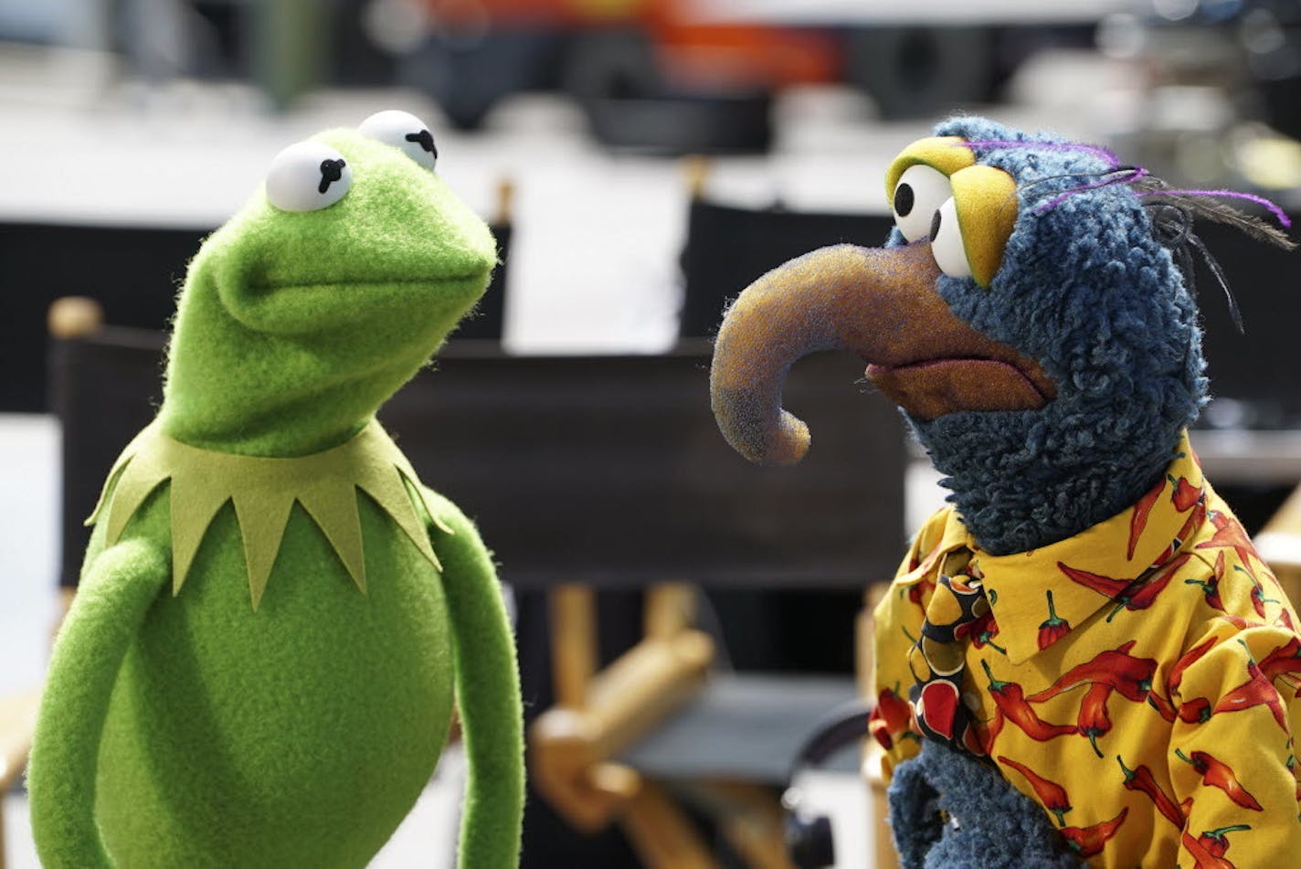 Kermit the Frog, left, and Gonzo the Great appear in a scene from "The Muppets."