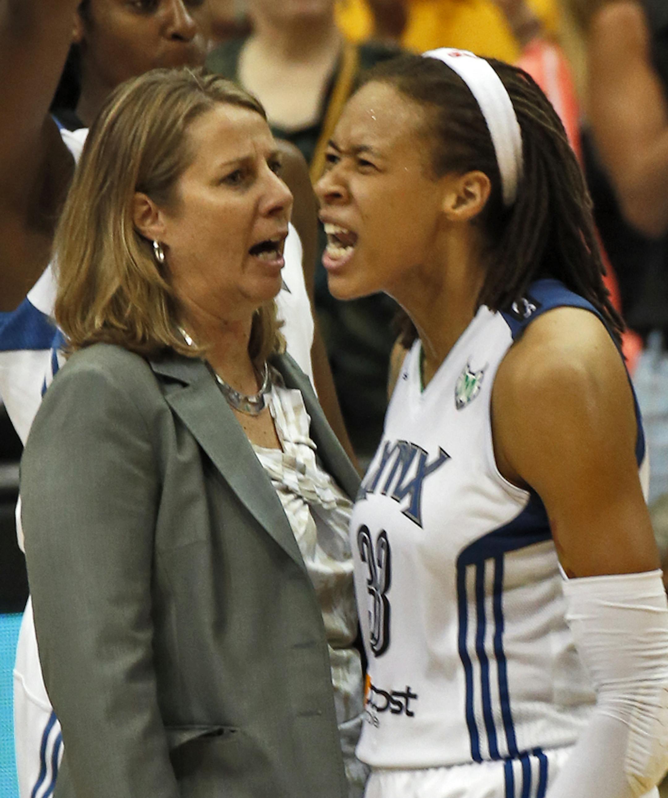 Minnesota Lynx vs. Washington Mystics. Washington won 79-75. Lynx Seimone Augustus celebrated in front of head coach Cheryl Reeve after she knocked down a 3-point shot to tie the game late in the fourth quarter. (MARLIN LEVISON/STARTRIBUNE(mlevison@startribune.com) ORG XMIT: MIN1308082139430326