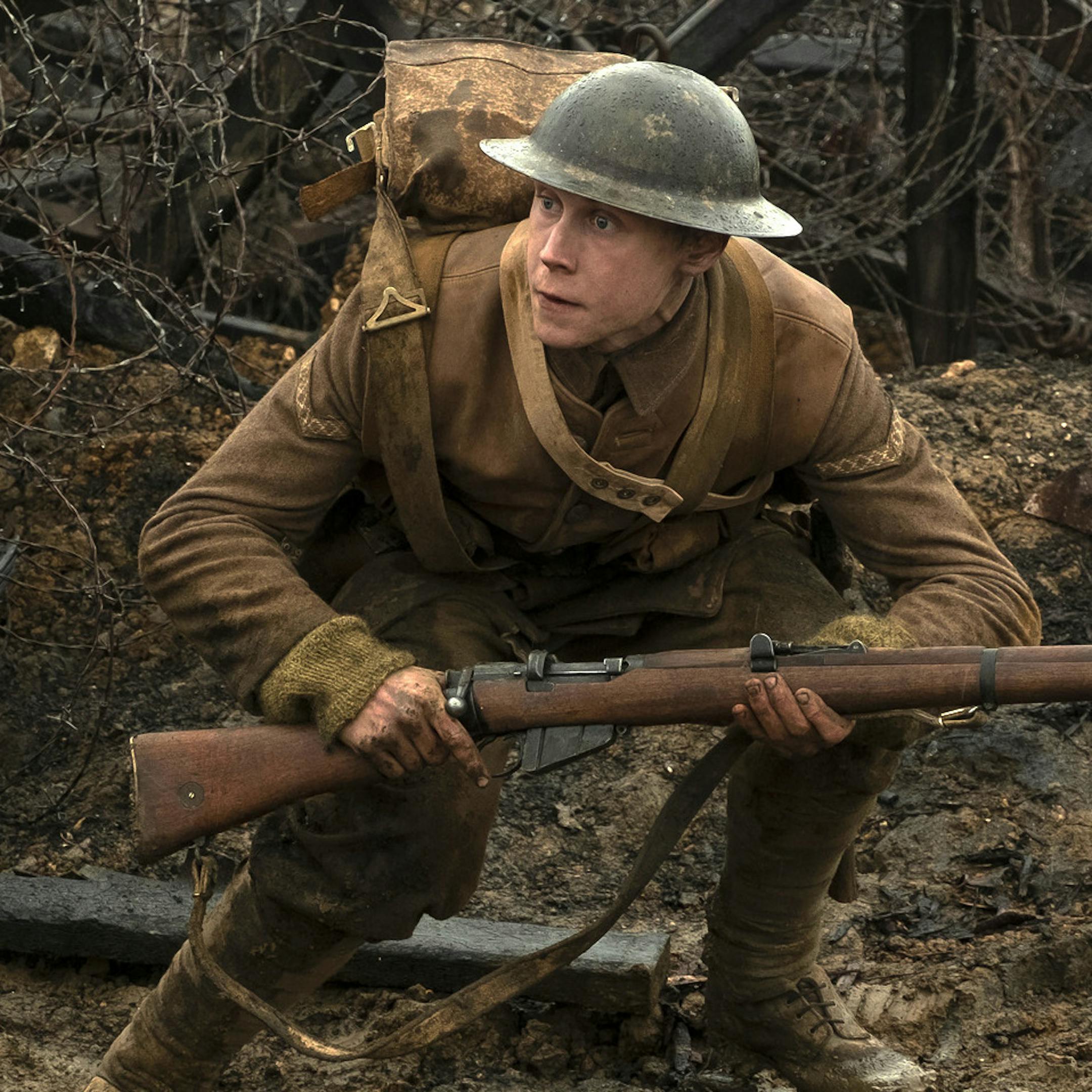 This image released by Universal Pictures shows Dean-Charles Chapman, left, and George MacKay in a scene from "1917," directed by Sam Mendes. (François Duhamel/Universal Pictures via AP)