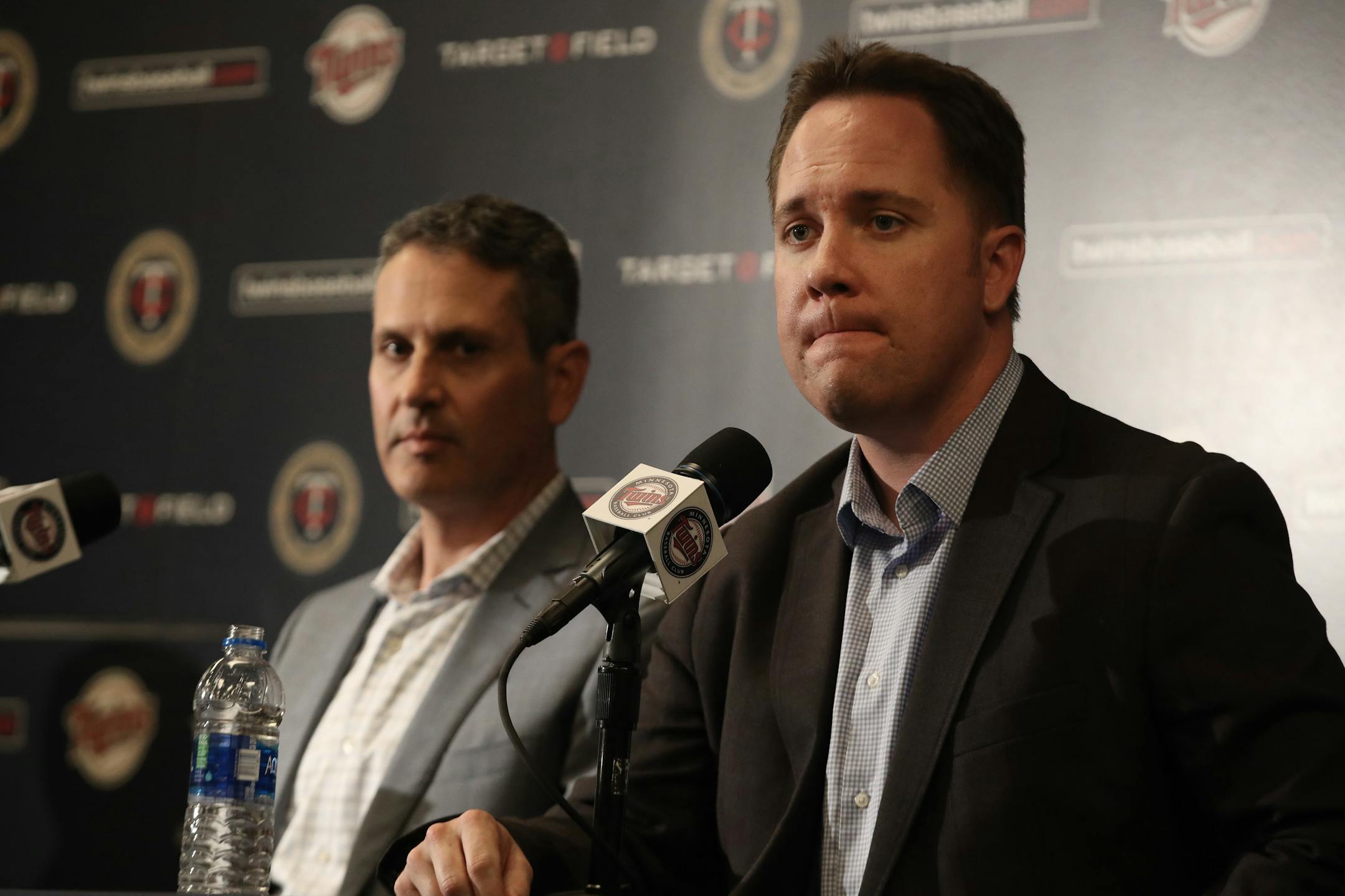 Chief Baseball Officer Derek Falvey right, and Senior Vice President, General Manager Thad Levine talked about former Twins manger Paul Molitor who was fired Tuesday.