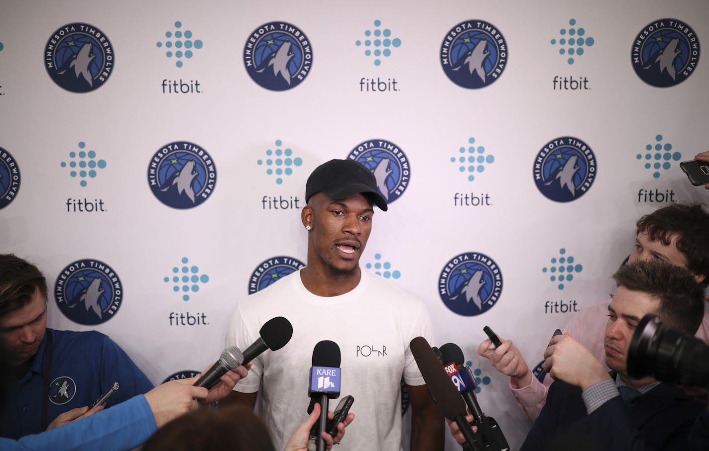 Injured Timberwolf Jimmy Butler spoke to the media for the first time since having surgery before Sunday night's game against the Rockets. ] JEFF WHEELER &#xef; jeff.wheeler@startribune.com The Minnesota Timberwolves faced the Houston Rockets in an NBA basketball game Sunday night, March 18, 2018 at Target Center in Minneapolis.