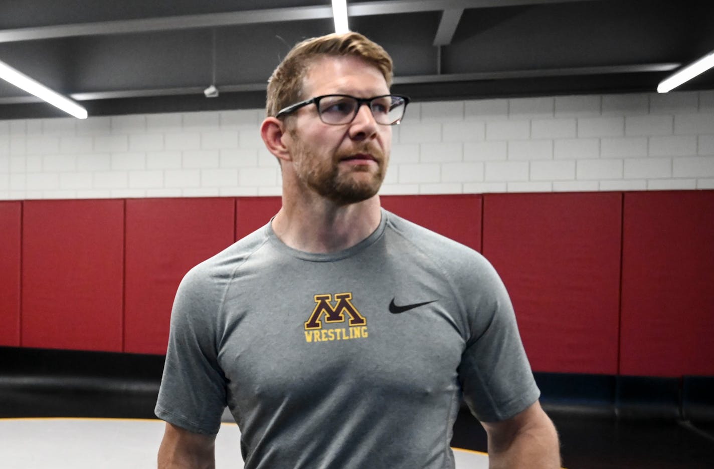 Gophers wrestler Gable Steveson spoke with head coach Brandon Eggum during Thursday's workout.