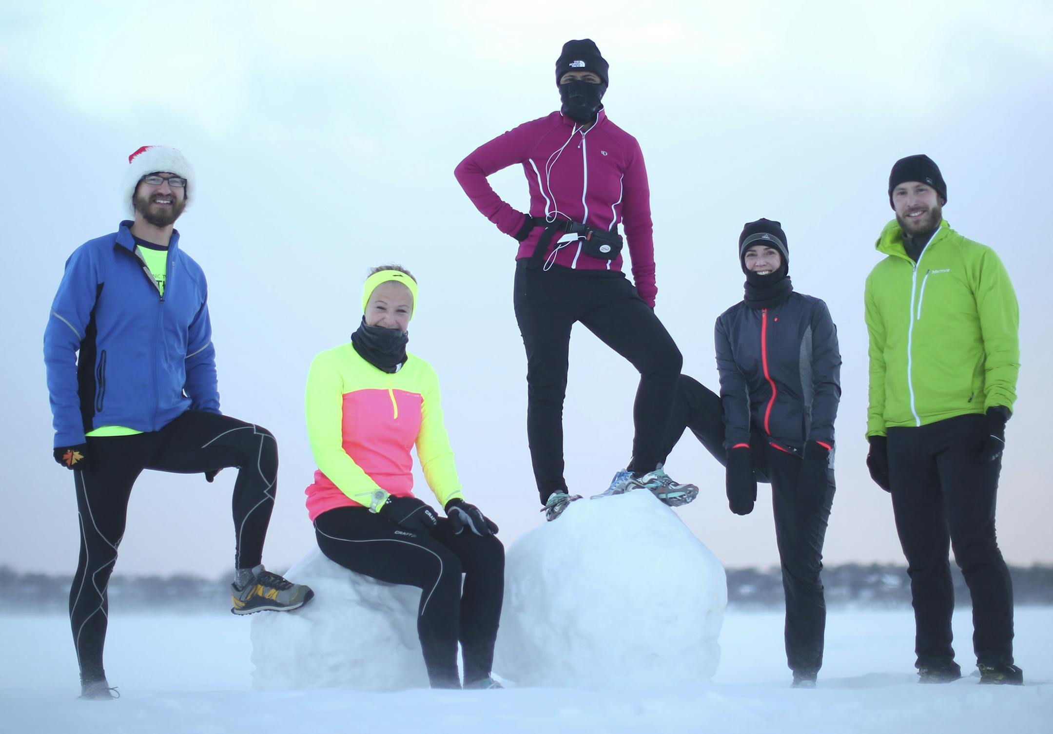Runners who offered cold weather training tips gathered in sub-zero wind chills for a portrait on the surface of Lake Harriet Sunday afternoon, January 26, 2014 in Minneapolis. They are, from left, Ben Drexler, Jessie Benson, Rupa Ryan, Caryn Mohr, and Ben Neeser. ] JEFF WHEELER &#x201a;&#xc4;&#xa2; jeff.wheeler@startribune.com