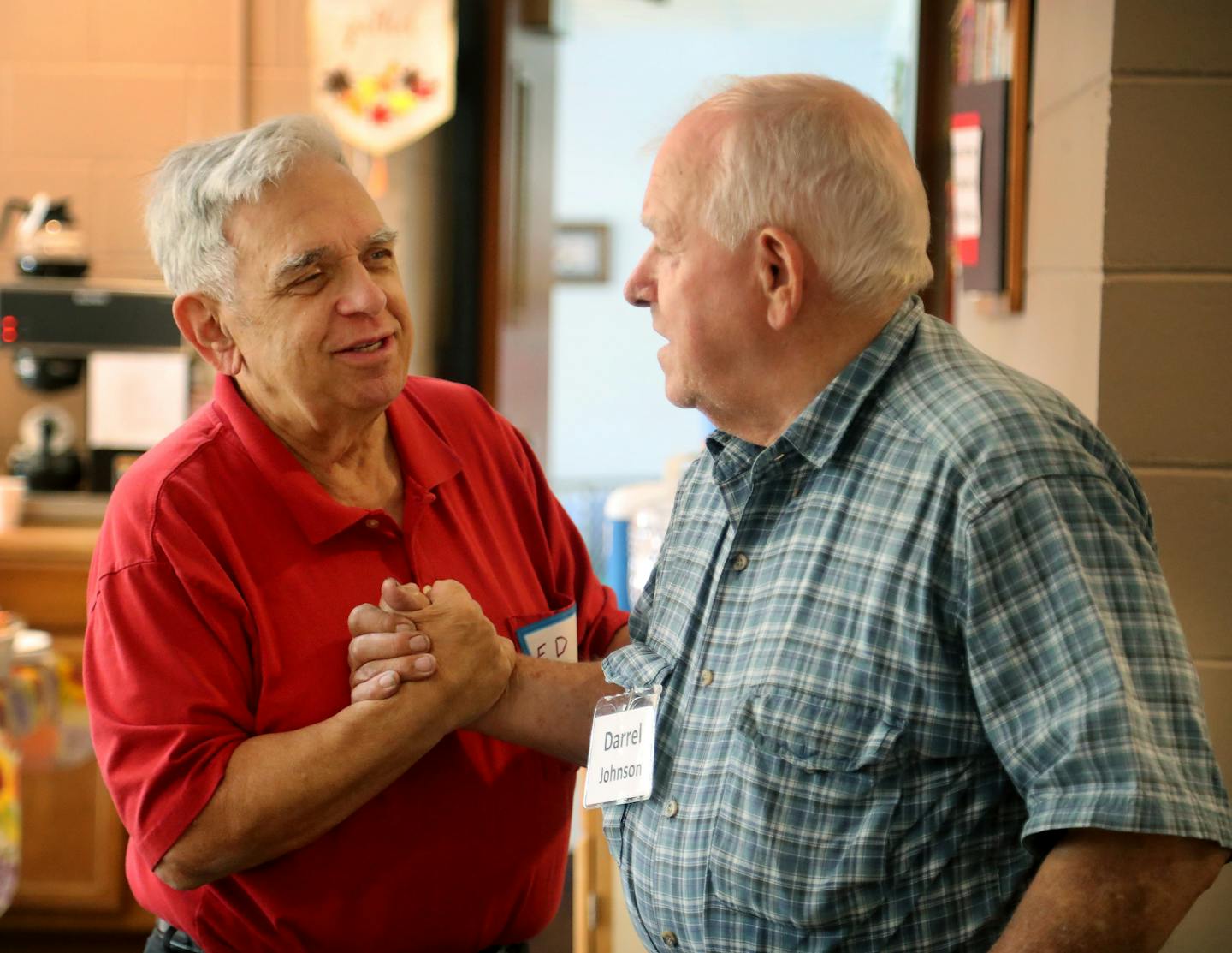 Christ United Methodist Church hosts a weekly drop in day for seniors at in Maplewood Thursday, Oct. 19, 2017 MN. Here, non-church member Ed Marier, left, and member Darrel Johnson, right, chat and bond after a community meal of pasties , coleslaw and other fixings.] DAVID JOLES &#xef; david.joles@startribune.com Facing a slow death, the declining membership of Christ United Methodist Church in Maplewood gathered to confront their future. The aging mostly white congregation had shrunk to less th