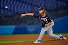 Joe Ryan pitches for the U.S. against Israel at the Tokyo Olympics.