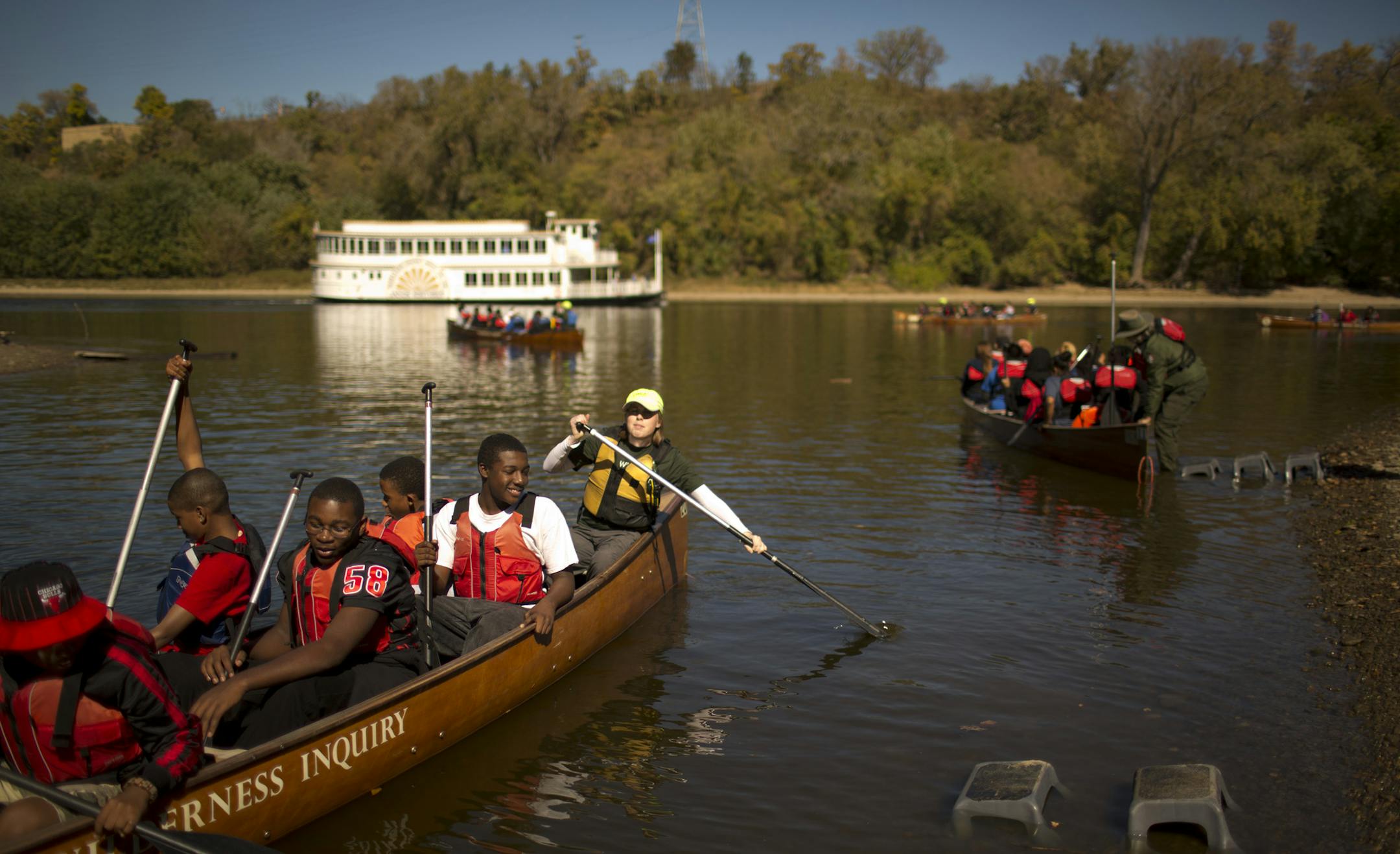 On the day a report was released about the health of the Mississippi River, Wilderness Inquiry and National Park Service rangers led a group of 83 ninth graders and their teachers from three St. Paul High Schools on a program Thursday, September 27, 2012. They paddled from Hidden Falls Regional Park in St. Paul to Pike Island at Fort Snelling State Park where they learned about the river and the relationships between it and the native people who first lived in the area and those who settled here