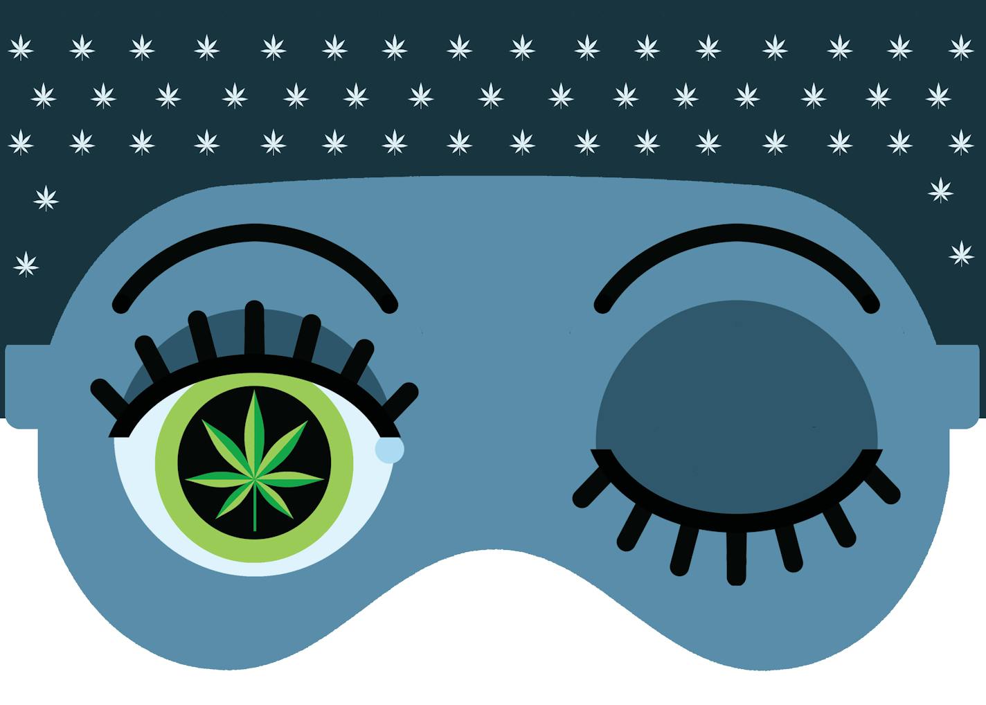 A sleep mask under a starry sky of marijuana leaves