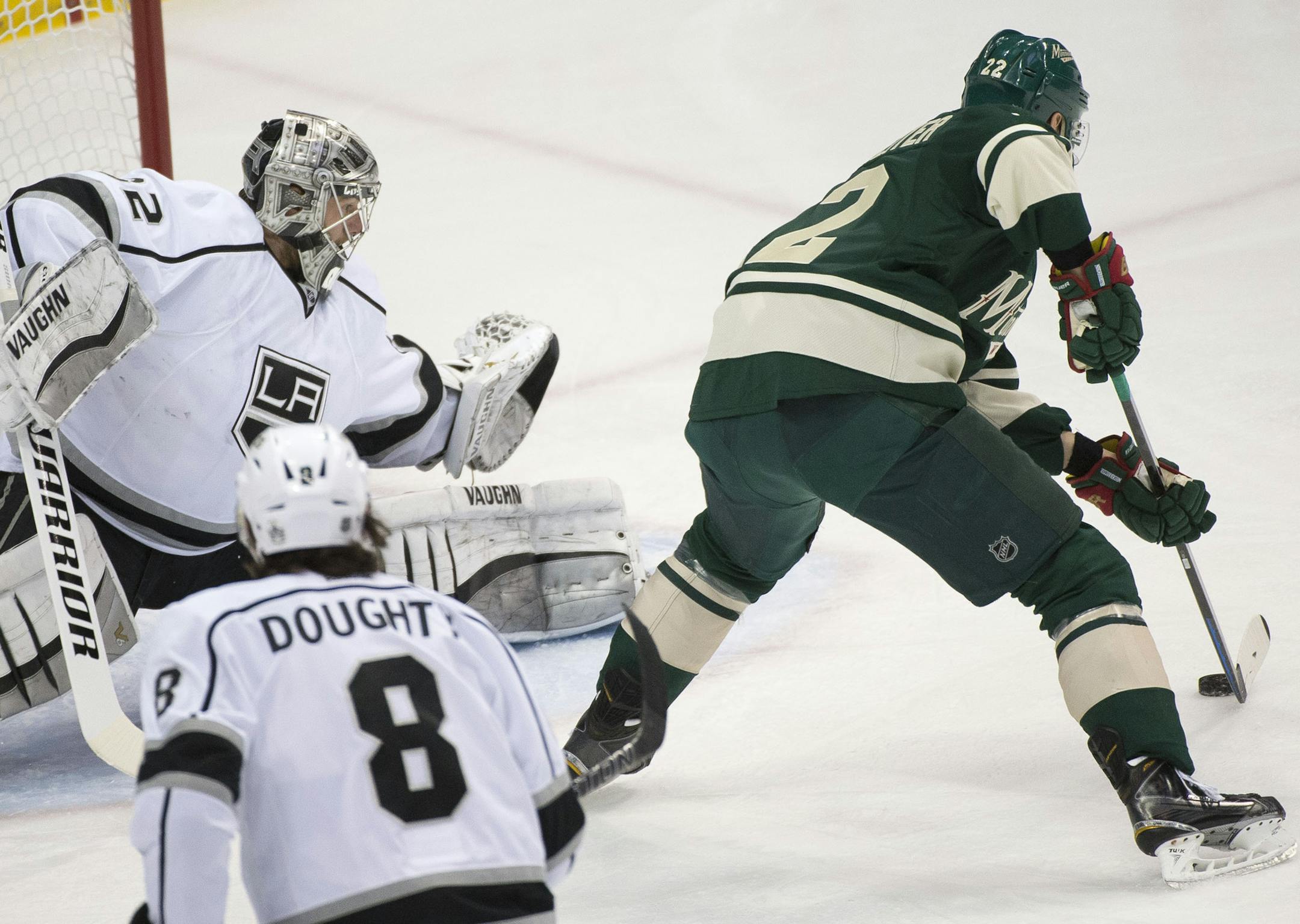 Minnesota Wild right wing Nino Niederreiter (22) sets up for a goal-scoring shot against Los Angeles Kings goalie Jonathan Quick (32) during the first period. ] (Aaron Lavinsky | StarTribune) The Minnesota Wild play the Los Angeles Kings on Saturday, March 28, 2015 at Xcel Energy Center in St. Paul.