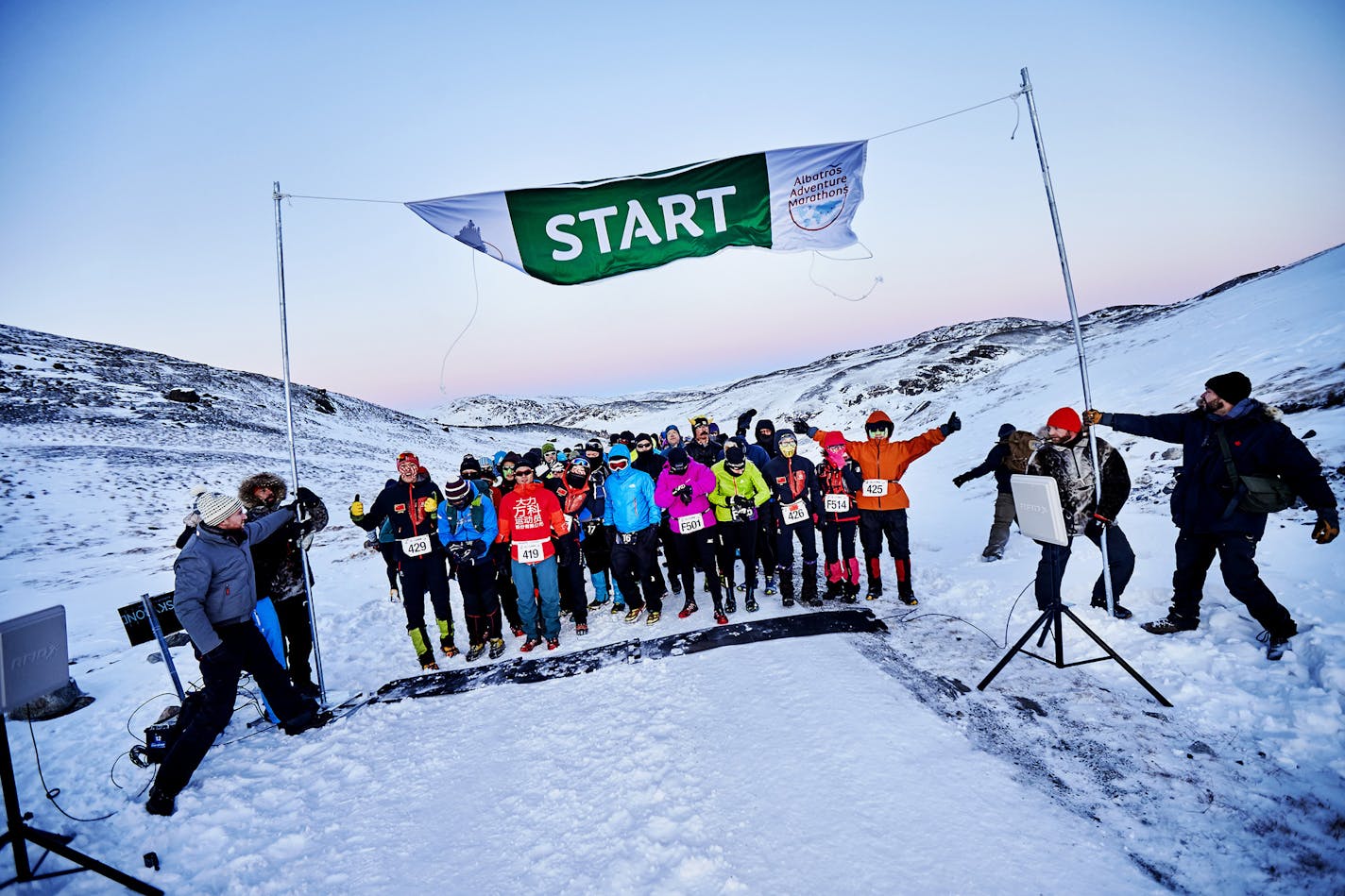 Greenland is the snowy setting for the Polar Circle Marathon, an undeniably cool experience run mostly on a gravel road connecting the Greenland ice sheet with the town of Kangerlussuaq, just north of the Polar Circle. The annual race is held in October. (Klaus Sletting/Albatros Adventure Marathons)