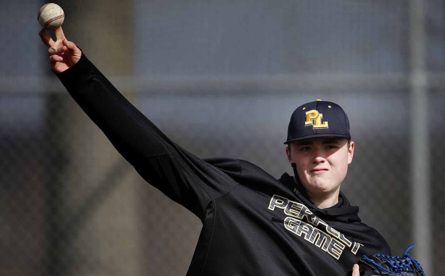 Prior Lake pitcher Nick Hanson. ] CARLOS GONZALEZ cgonzalez@startribune.com - April 4, 2016, Prior Lake, MN, Feature story on Prior Lake baseball, senior pitchers Nick Hanson, Jimmy Larson and Lawson Zenner