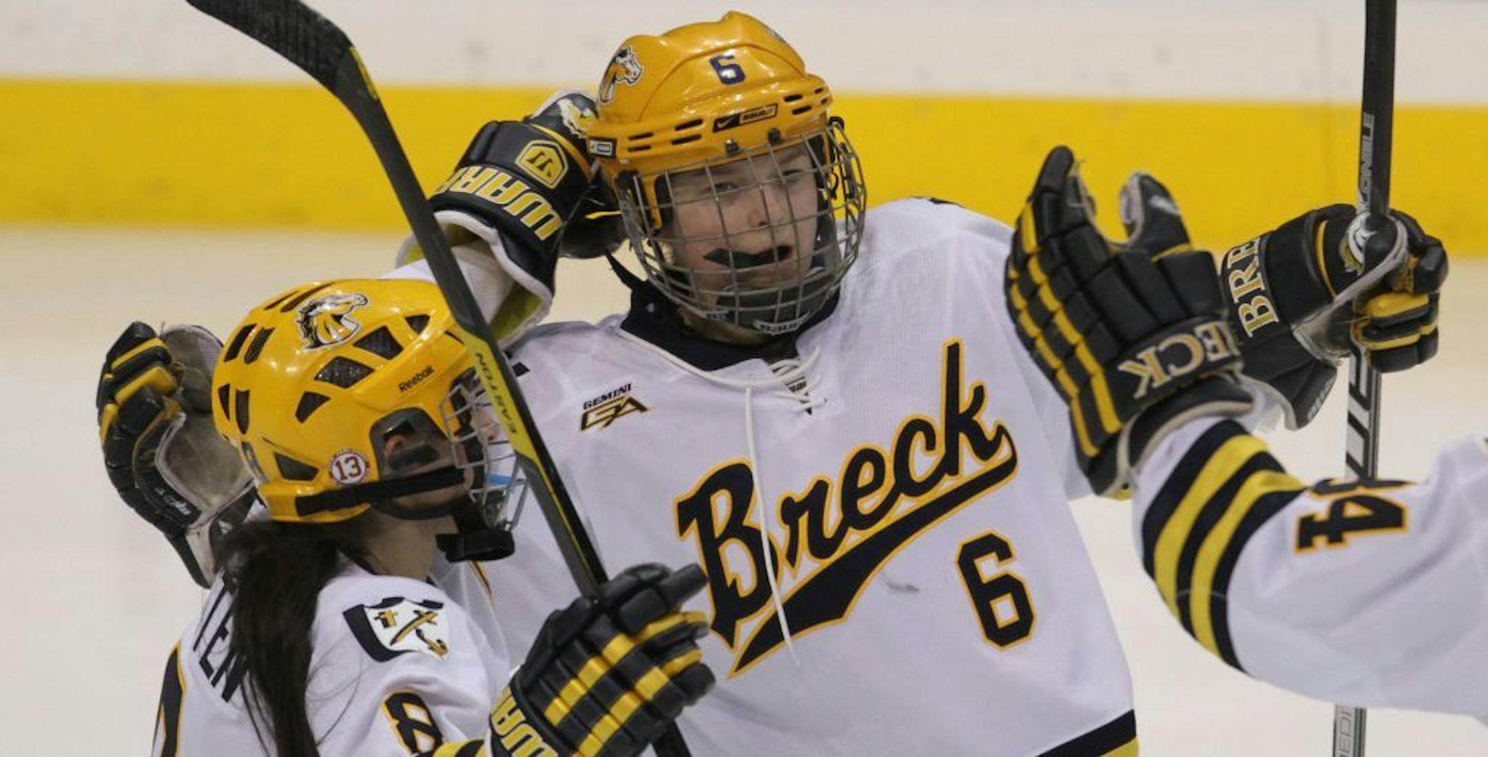 Girls State Hockey Tournament, Class A Semifinals, Breck vs. Red Wing. 2/24/12. (center) Breck's Kate Schipper celebrated her first goal in the 2nd period against Red Wing.