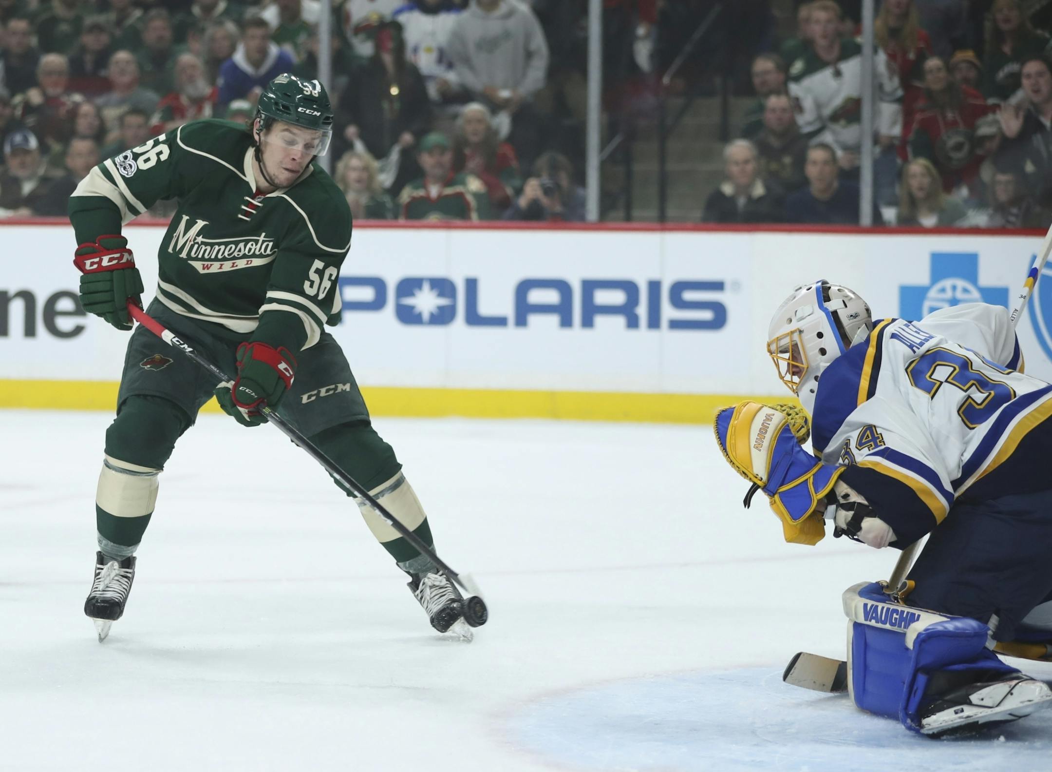 Minnesota Wild left wing Erik Haula (56) had a first period shot on St. Louis Blues goalie Jake Allen (34).