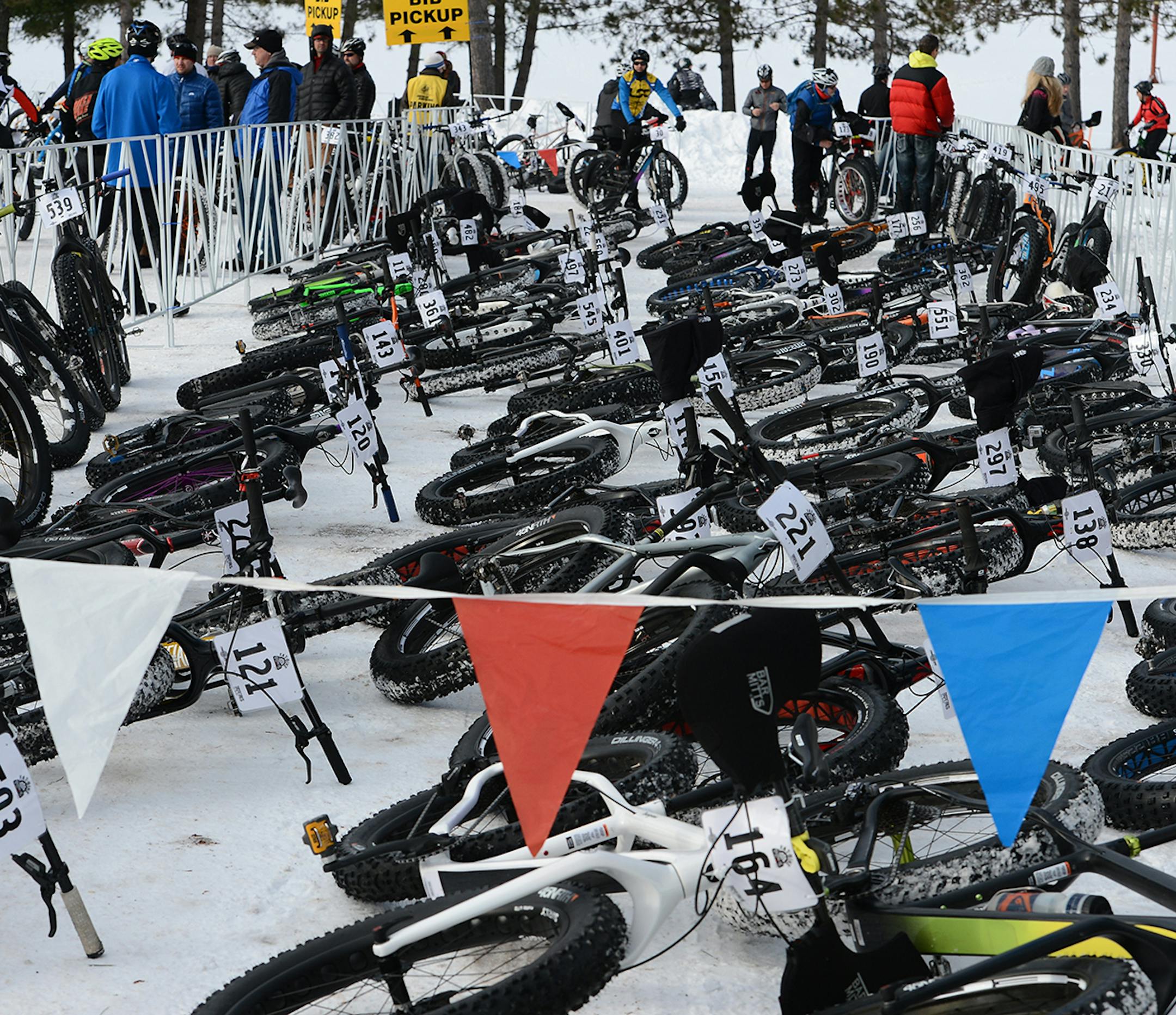 Riders saved places in the starting chute of the 47-kilometer Fat Tire Birkie on Saturday in Cable, Wis.