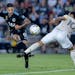 Luis Amarilla (9) of Minnesota United attempts a shot on goal in the first half Tuesday, September 13, 2022, at Allianz Field in St. Paul, Minn. ] CAR