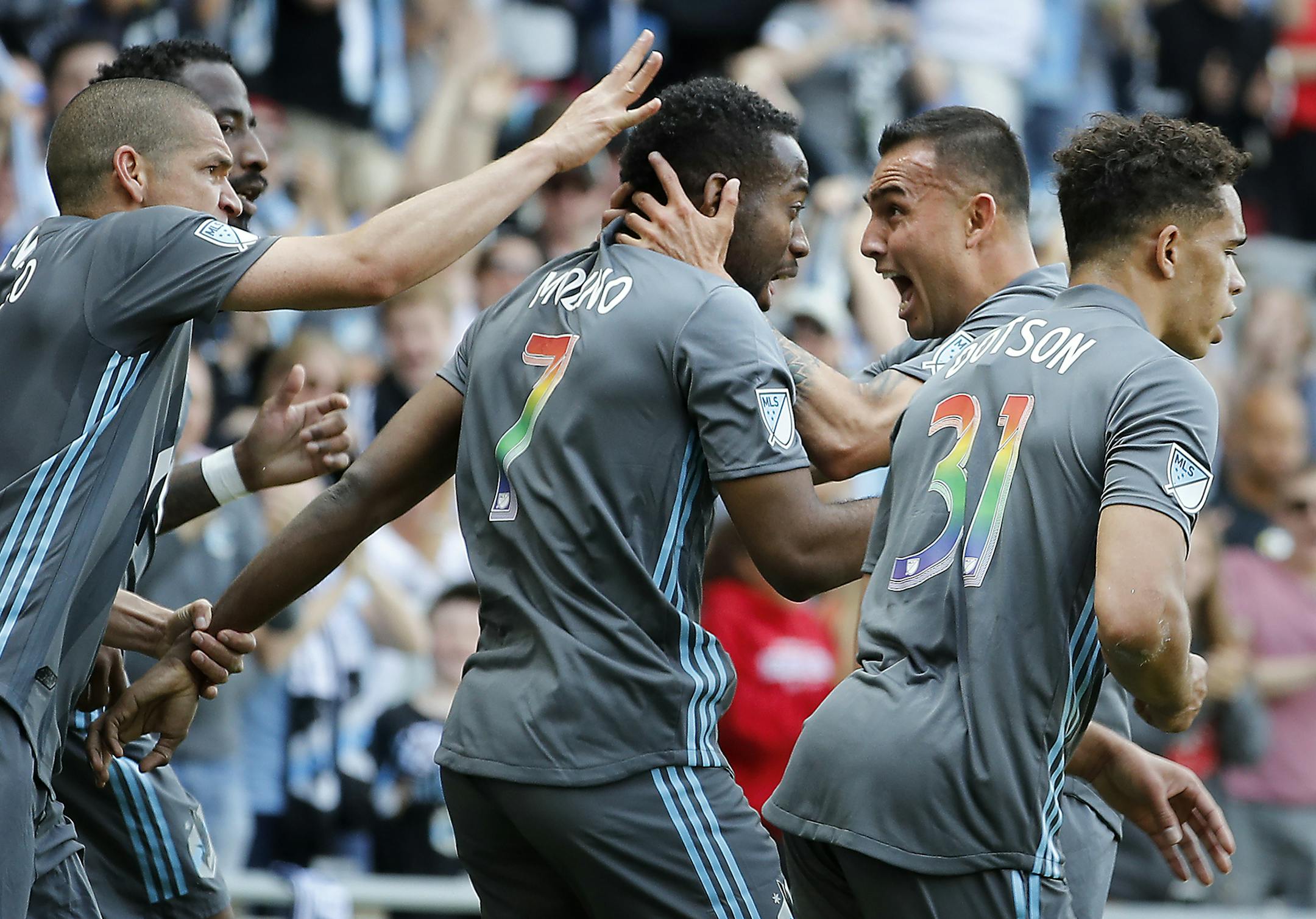 Minnesota United midfielder Kevin Molino (7) celebrates a goal with teammates in the second half. ] LEILA NAVIDI ¥ leila.navidi@startribune.com BACKGROUND INFORMATION: Minnesota United plays against Philadelphia Union at Allianz Field in St. Paul on Sunday, June 2, 2019. Philadelphia Union won 3-2.