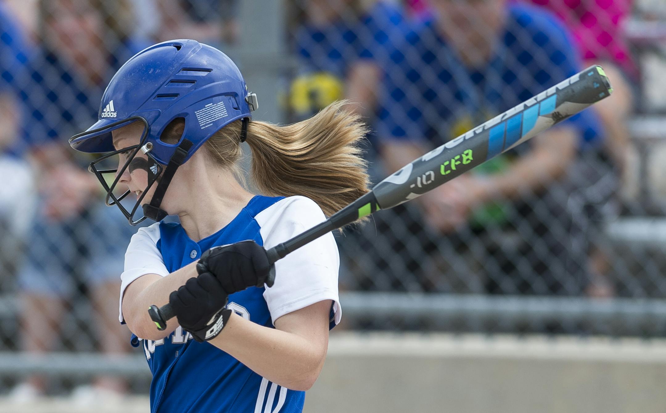 Kasson-Mantorville infielder Laura Kosberg (13) followed through with a swing during her team's 2A championship game against Maple Lake Friday. ] Aaron Lavinsky • aaron.lavinsky@startribune.com The softball state tournament finals were held Friday, June 5, 2015 at Caswell Park in Mankato.