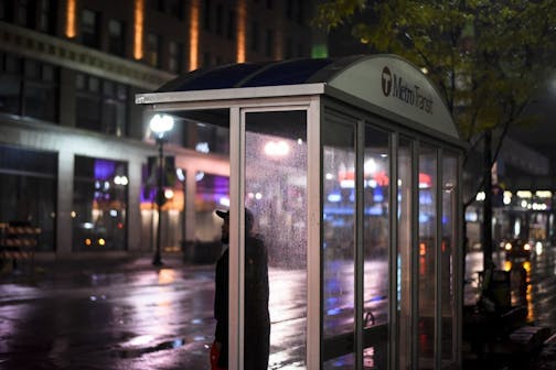 A Metro Transit bus stop along Hennepin Avenue, shown last year.
