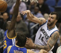 Timberwolves center Nikola Pekovic passed off to teammate Thaddeus Young with under two minutes left in the fourth quarter Wednesday night at Target C