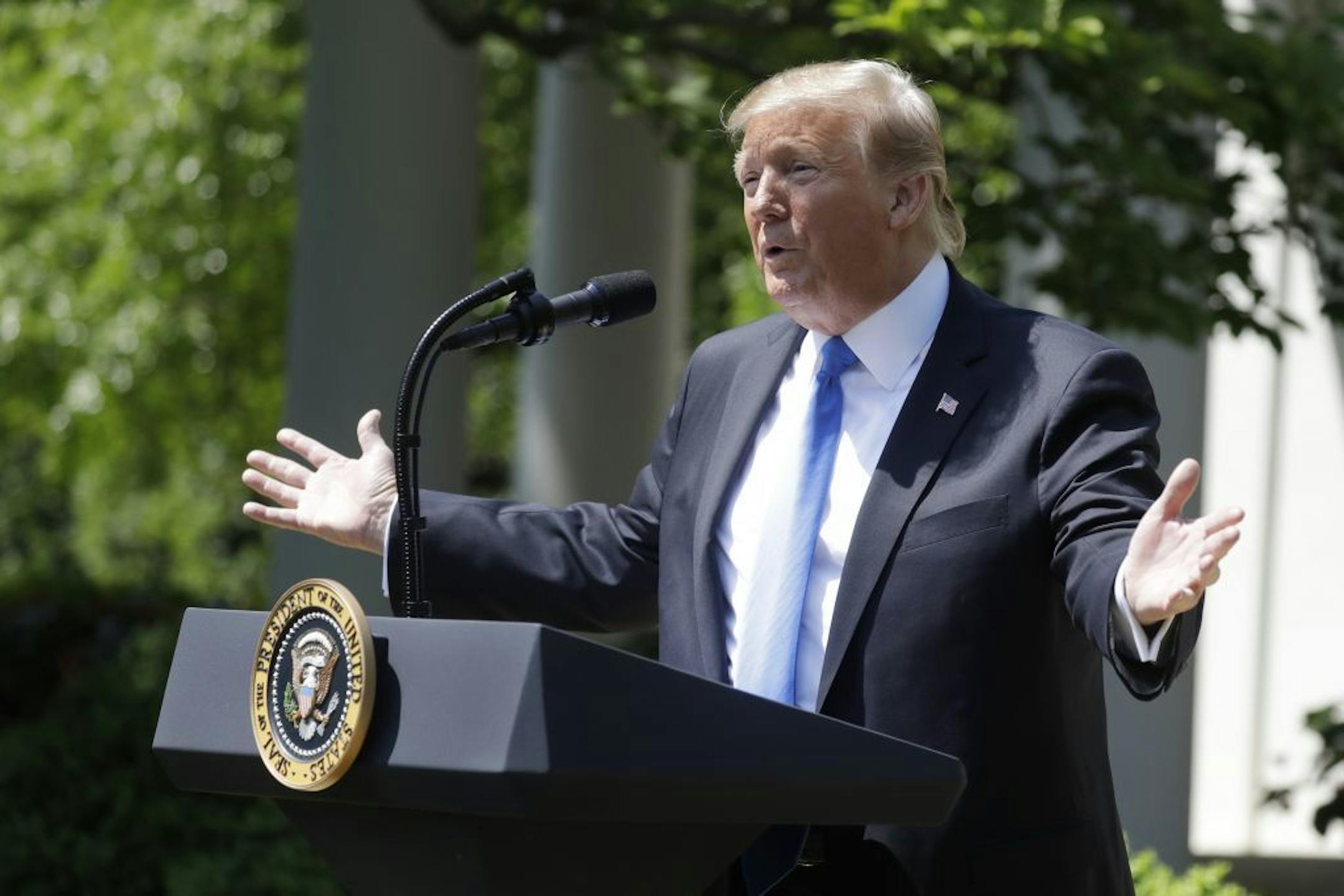 President Donald Trump speaks during a National Day of Prayer event in the Rose Garden of the White House, Thursday May 2, 2019, in Washington.