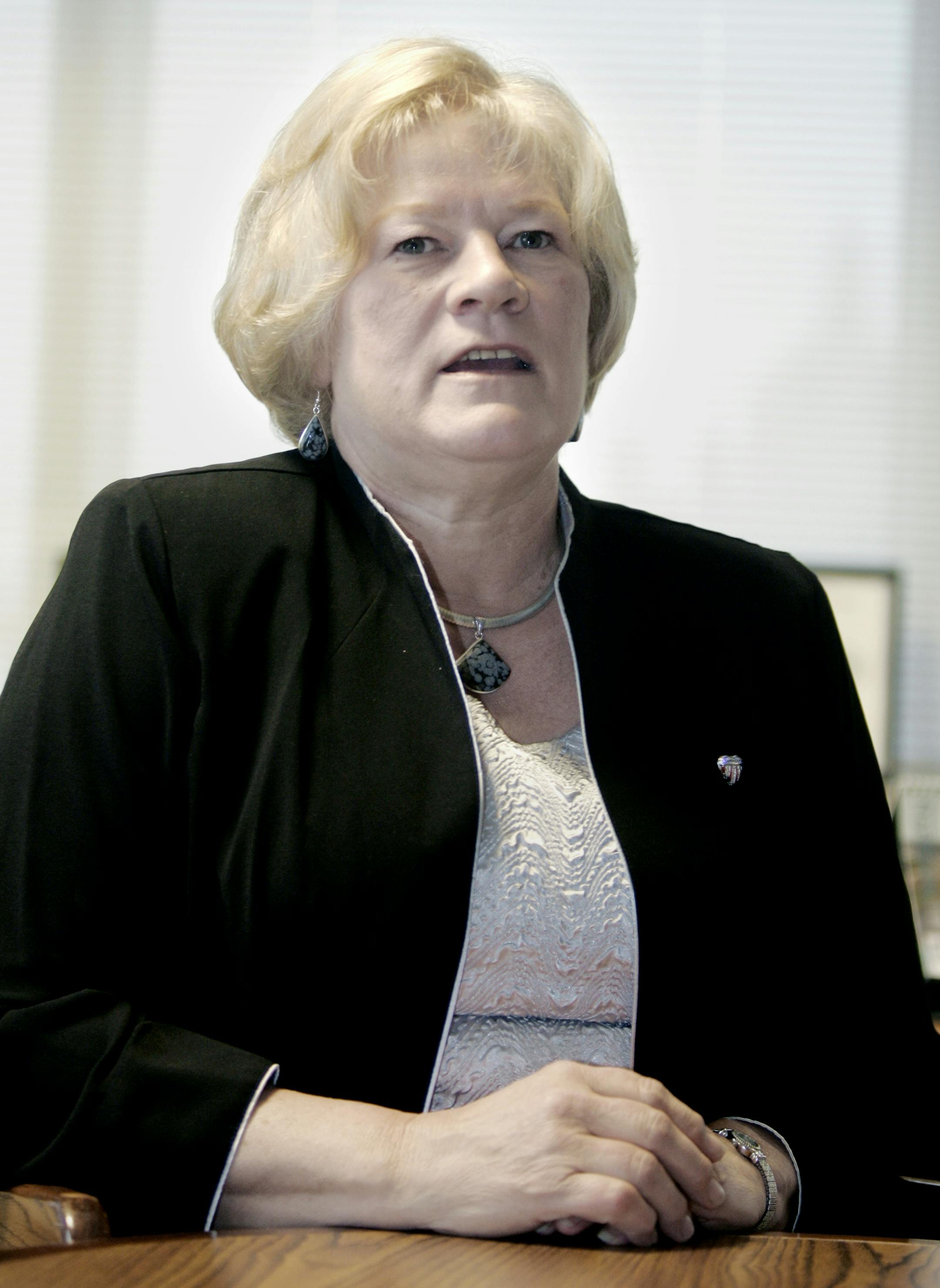 Minnesota Transportation Commissioner Carol Molnau, interviewed by The Associated Press Monday, Oct. 15, 2007 in her St. Paul, Minn. office, described herself as a "lightning rod" in the debate over road funding. State Democrats have called for her head in the weeks since the Minneapolis freeway bridge collapse which killed 13 people. (AP Photo/Jim Mone) ORG XMIT: MNJM103
