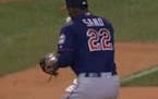Miguel Sano seals the Twins victory with a kiss Saturday night before throwing to first for the final out.