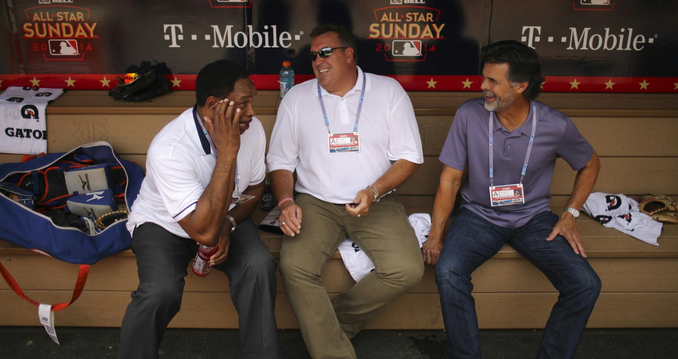 Former Twins Kent Hrbek, and Rick Aguilera, right, reacted to a story told by Dave Winfield as they relaxed in the dugout before the Futures Game Sunday afternoon. ] JEFF WHEELER ‚Ä¢ jeff.wheeler@startribune.com The Futures Game kicked off the All-Star week baseball activities Sunday afternoon, July 13, 2014 at Target Field in Minneapolis.