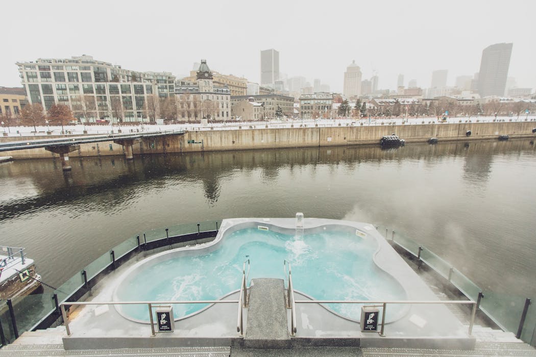 Bota Bota, a spa on a former ferry boat in Montreal’s port, showcases views of the St. Lawrence River and city skyline.