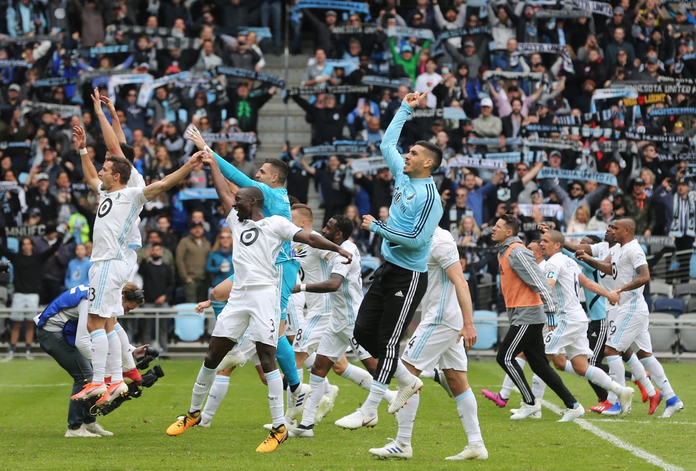 The Loons jumped for "Wonder Wall" by Oasis as they celebrated the team's first home win in the new stadium.