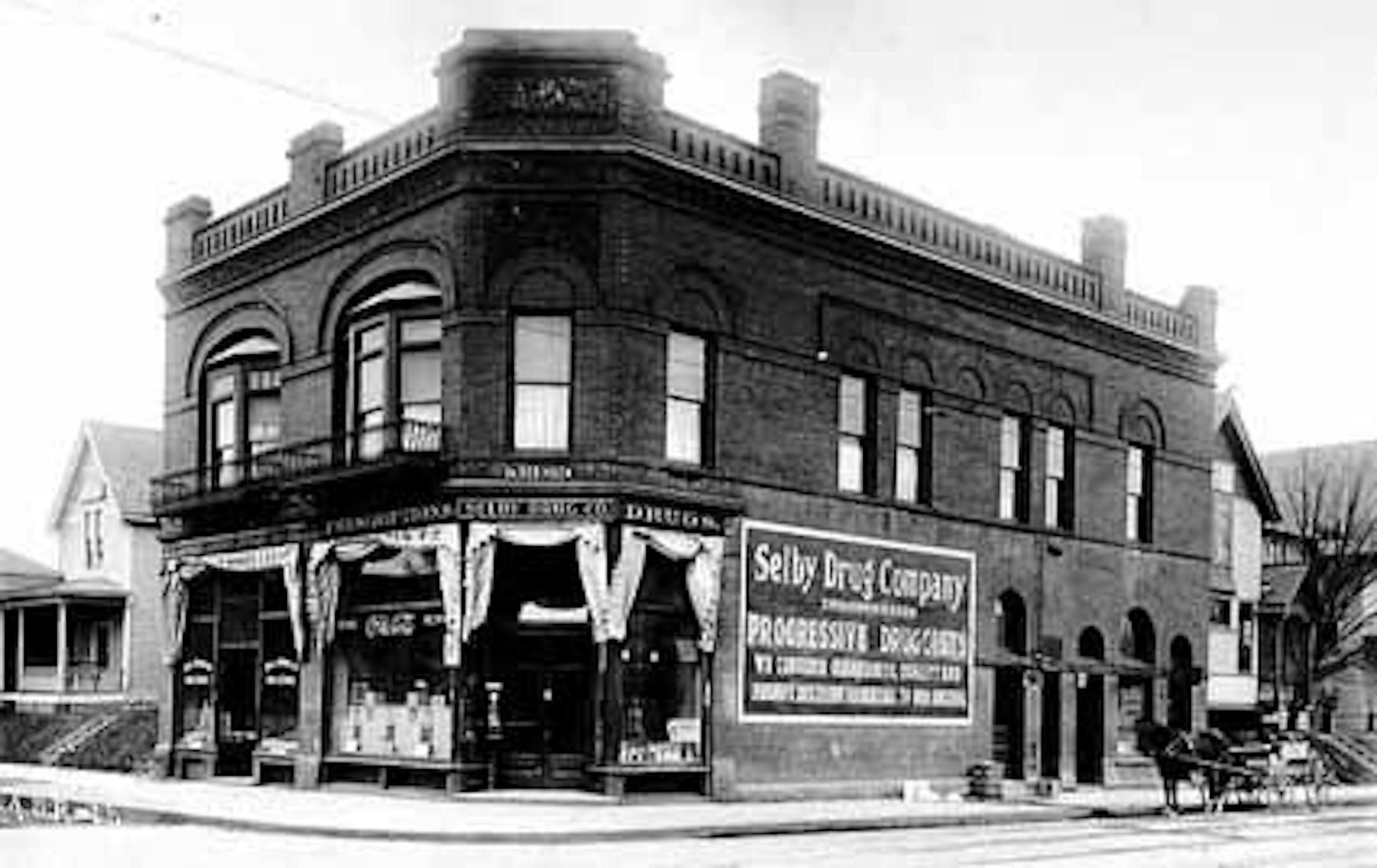 St. Paul's Selby Drug Co., at the corner of Selby Avenue and Dale Street, in about 1908.