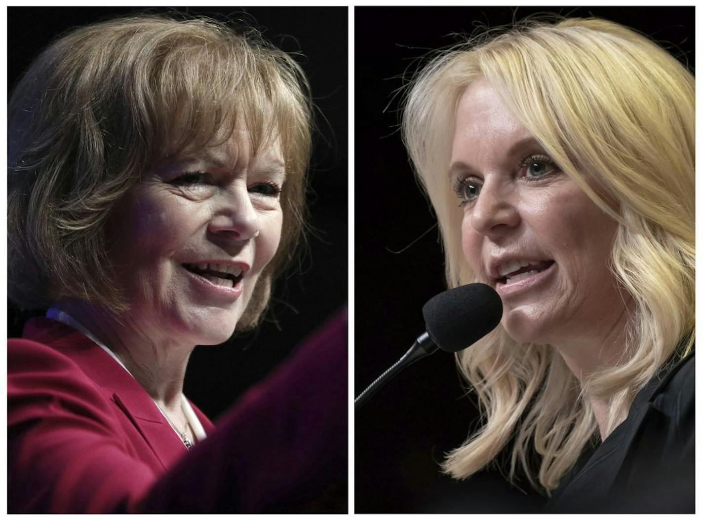 FILE - This combination of June 1, 2018, file photos shows candidates in the special election for Minnesota U.S. Senate in November from left, Democratic U.S. Sen. Tina Smith and Republican Karin Housley.