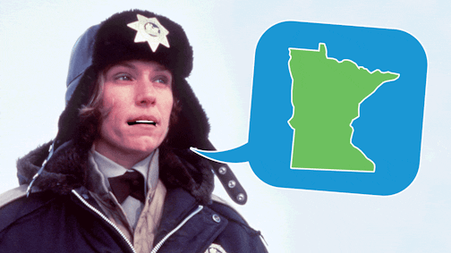 Photo illustration of Frances McDormand as Marge Gunderson from "Fargo" opening and closing her mouth next to a blue speech bubble with a green state of Minnesota. (Photo illustration by Mike Rice, The Minnesota Star Tribune, Grammercy Pictures photo)