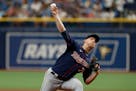 Minnesota Twins starting pitcher Josh Winder works from the mound against the Tampa Bay Rays during the first inning of a baseball game, Sunday, May 1