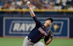 Minnesota Twins starting pitcher Josh Winder works from the mound against the Tampa Bay Rays during the first inning of a baseball game, Sunday, May 1