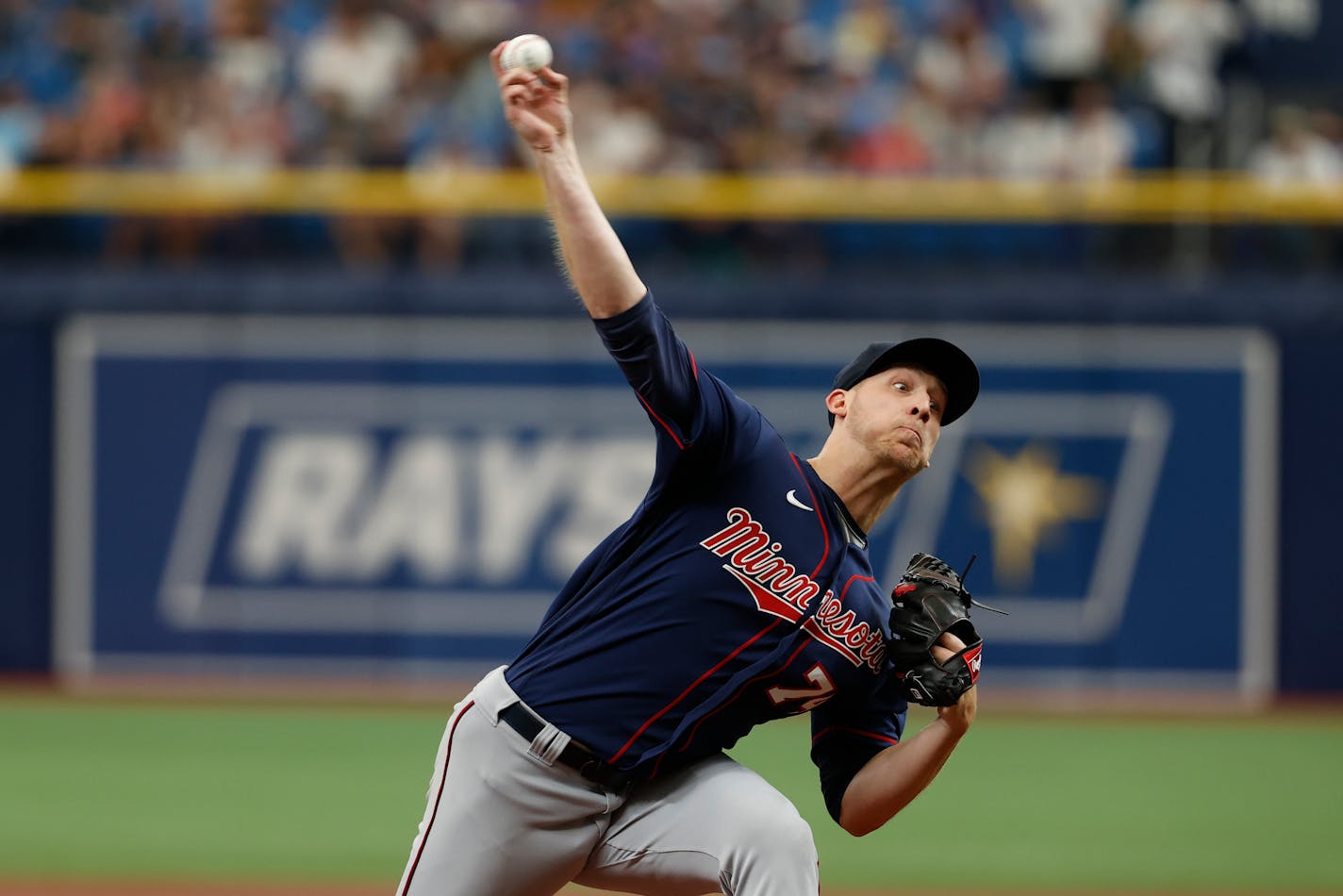 Minnesota Twins starting pitcher Josh Winder works from the mound against the Tampa Bay Rays during the first inning of a baseball game, Sunday, May 1, 2022, in St. Petersburg, Fla. (AP Photo/Scott Audette)