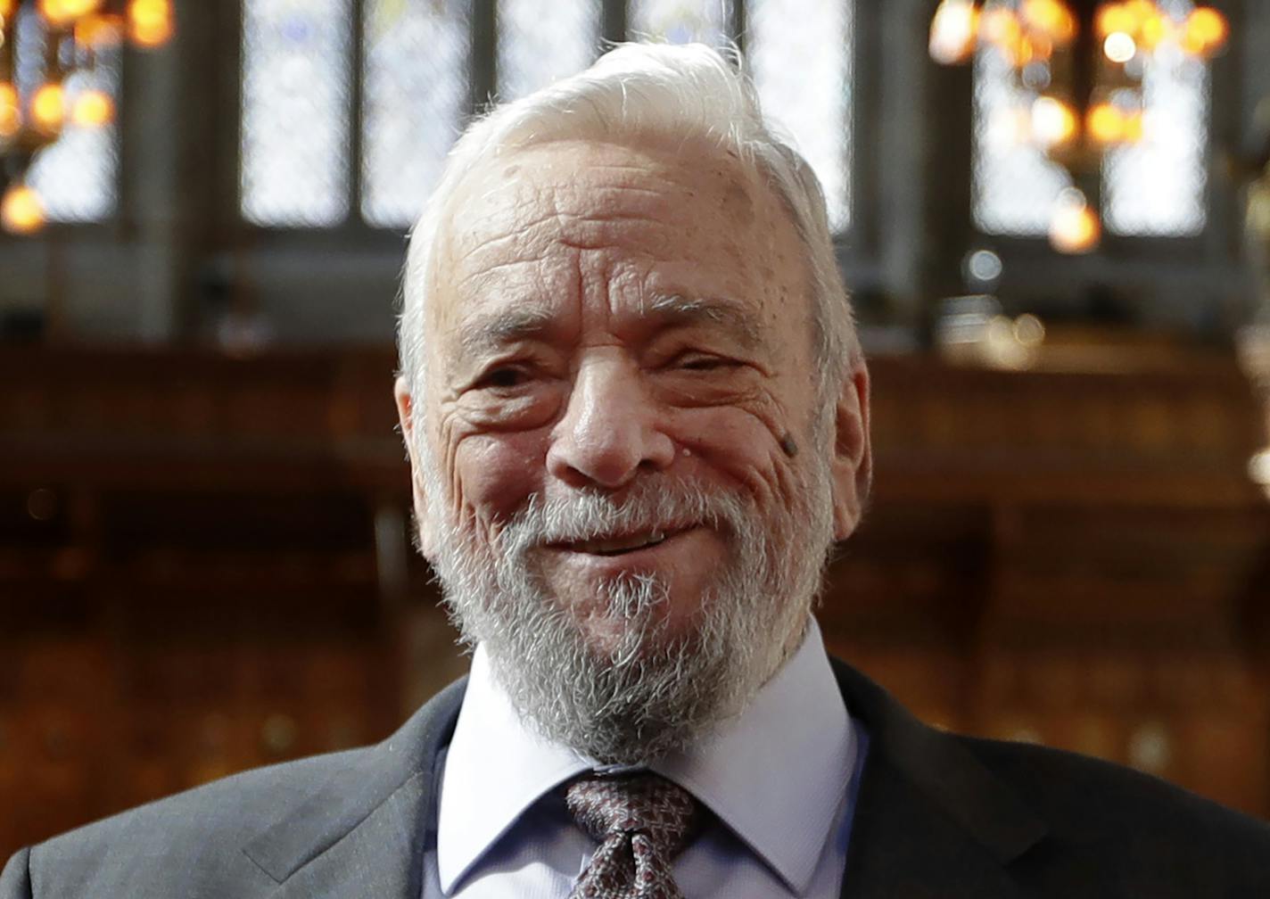 FILE - This Sept. 27, 2018 file photo shows composer and lyricist, Stephen Sondheim after being awarded the Freedom of the City of London at a ceremony at the Guildhall in London. Broadway stars will pay a 90th birthday tribute to Sondheim on the free virtual concert &#x201c;Take Me To The World,&#x201d; set to air live on April 26. (AP Photo/Kirsty Wigglesworth, File)