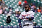 Miguel Sano tosses his helmet after striking out during the third inning on April 5