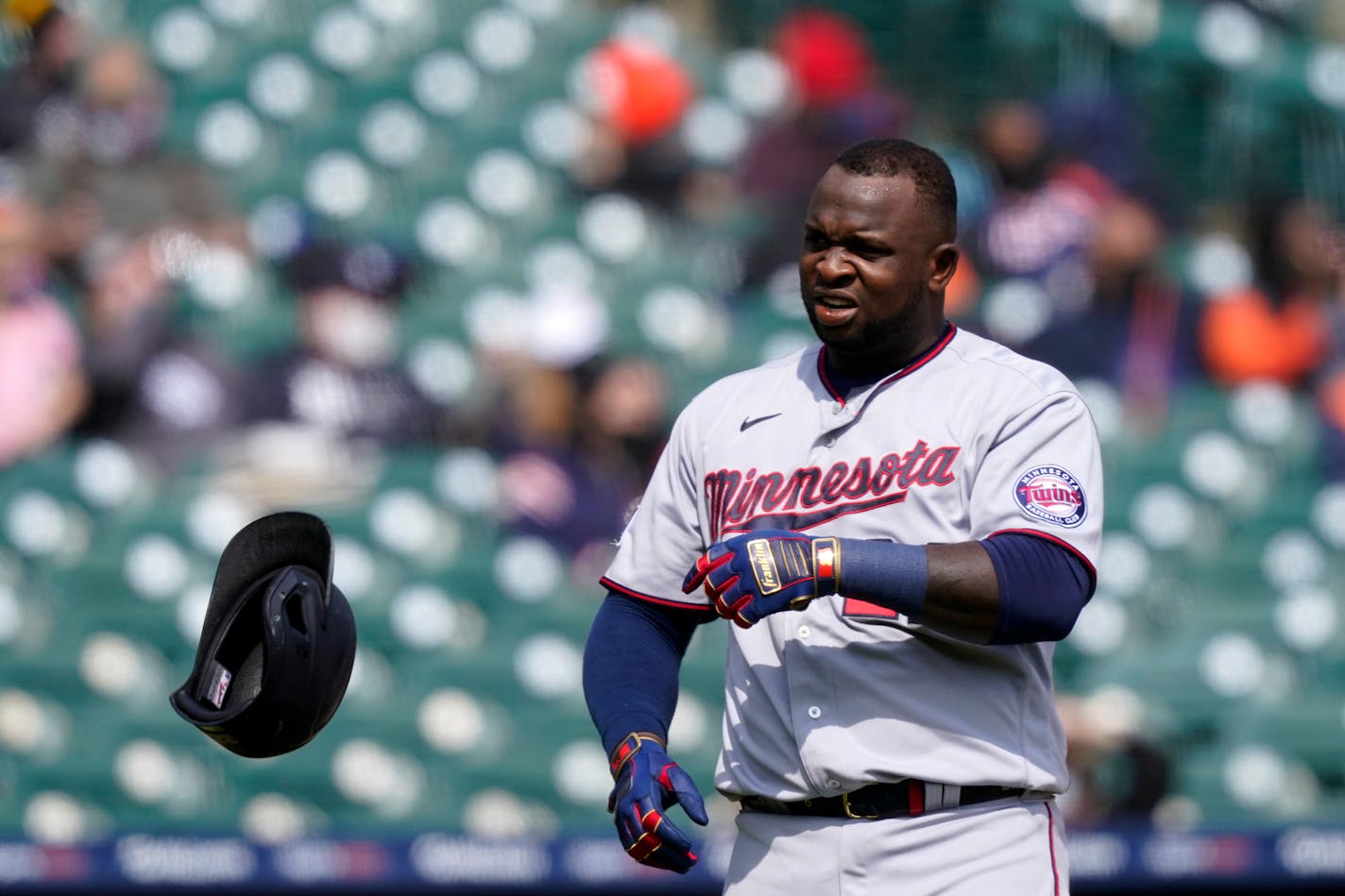 Miguel Sano tosses his helmet after striking out during the third inning on April 5