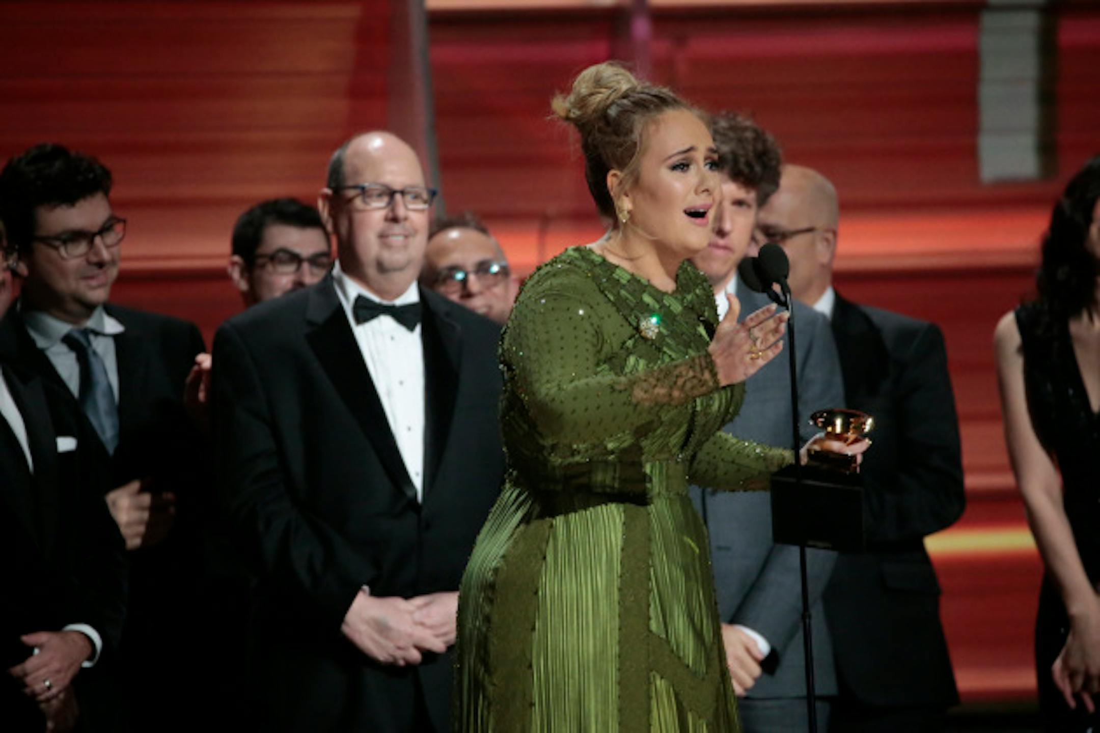 Adele on stage after winning Album of the Year for ''25'' during the 59th Annual Grammy Awards at Staples Center in Los Angeles on Sunday, Feb. 12, 2017. (Robert Gauthier/Los Angeles Times/TNS) ORG XMIT: 1197406