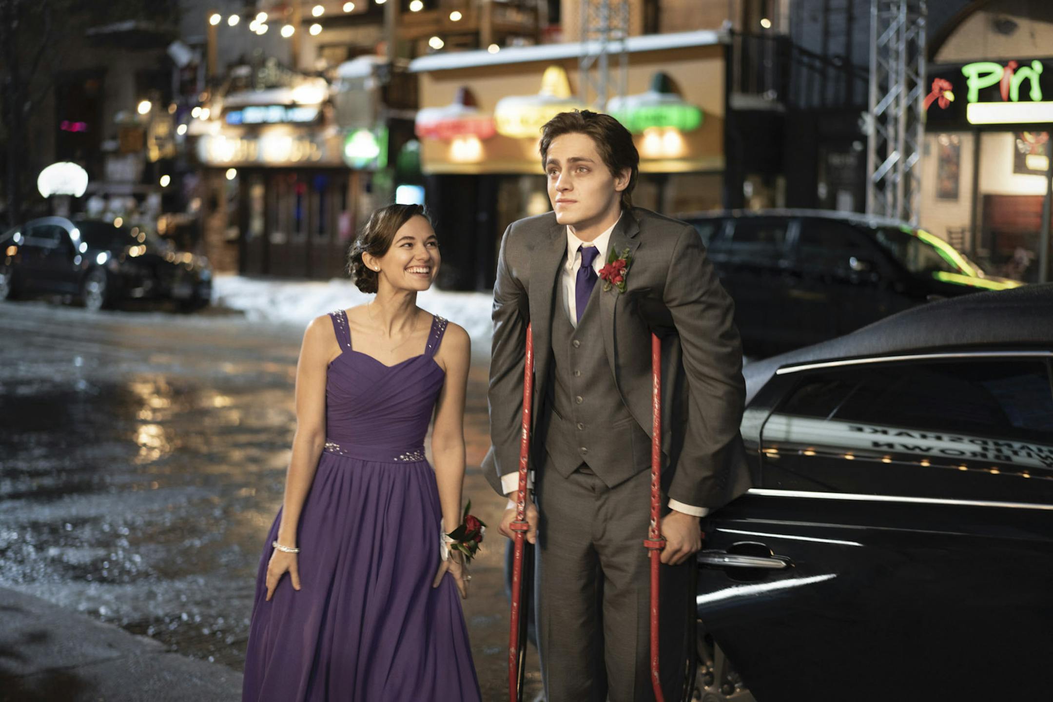 Madison Iseman and Fin Argus in "Clouds." Argus used Zach Sobiech's actual crutches in the film.