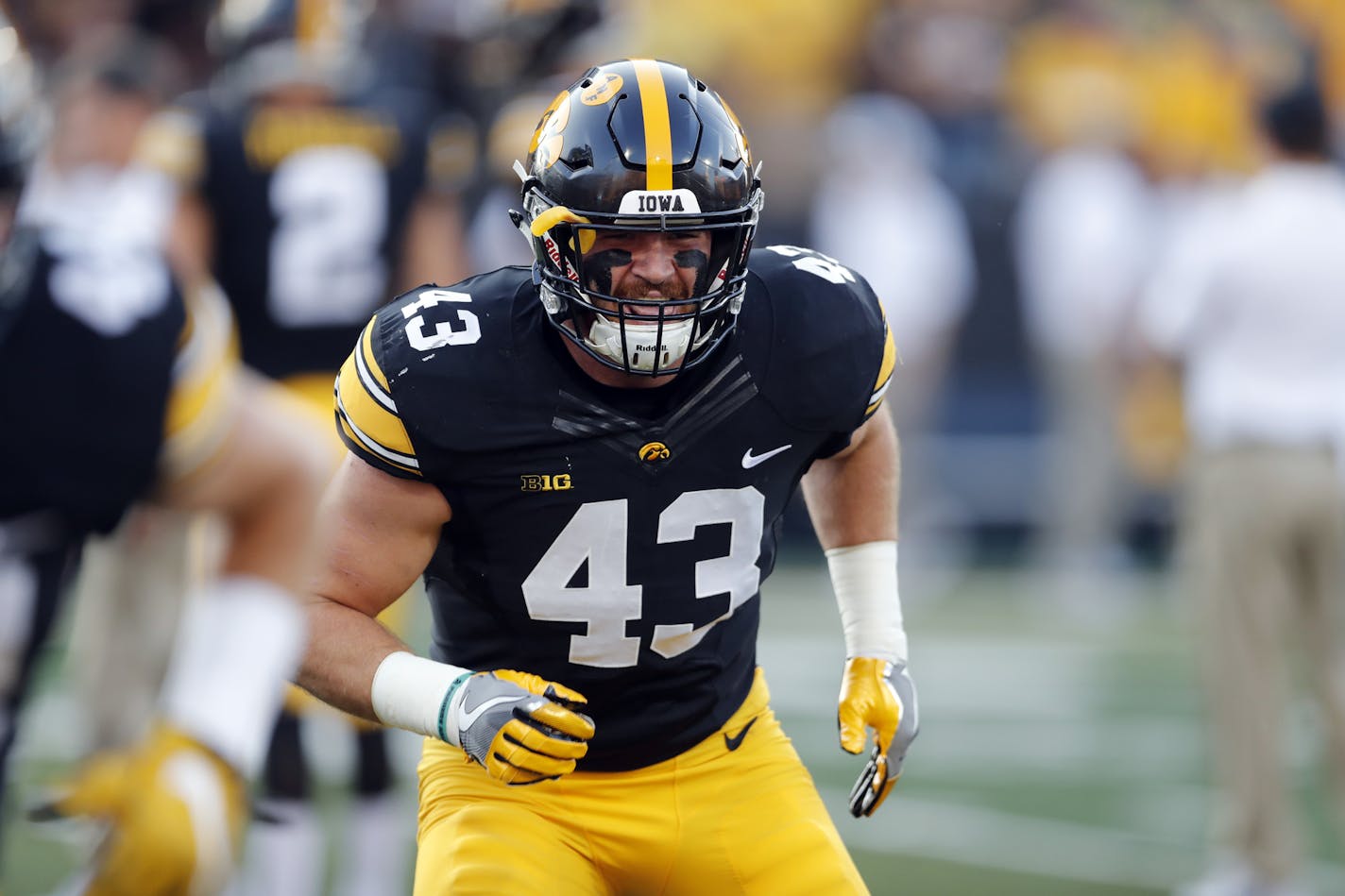 FILE - In this Saturday, Sept. 23, 2017, file photo, Iowa linebacker Josey Jewell warms up before an NCAA college football game against Penn State in Iowa City, Iowa. Jewell has saved his best football for his last season, earning two of the Big Ten's four defensive player of the week honors handed out so far. (AP Photo/Jeff Roberson, File)