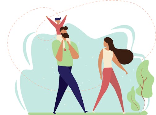 A colorful graphic of two parents walking with their child.