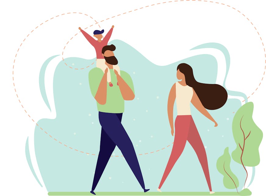 A colorful graphic of two parents walking with their child.